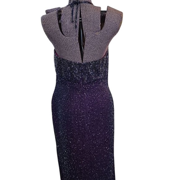 Vintage 1980's-90's Cache Beaded Formal Dress with Tie Halter Neck Purple-Blue - Picture 4 of 10
